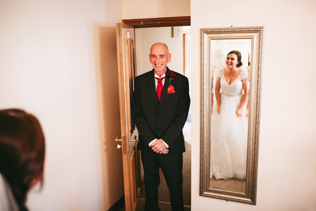 bride's dads reaction to bride in her dress at beeston manor